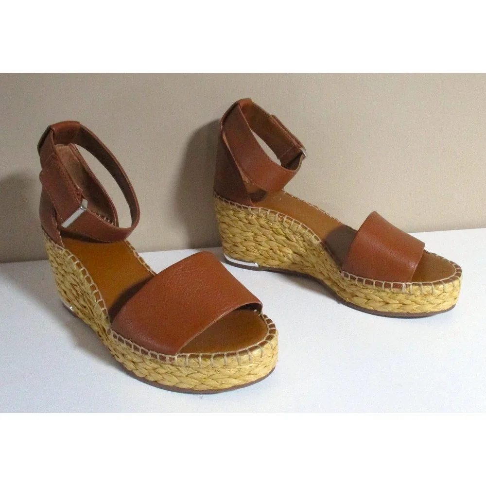 Franco Sarto Womens Cognac Leather Espadrille Wedge Sandals Brown Size 7M